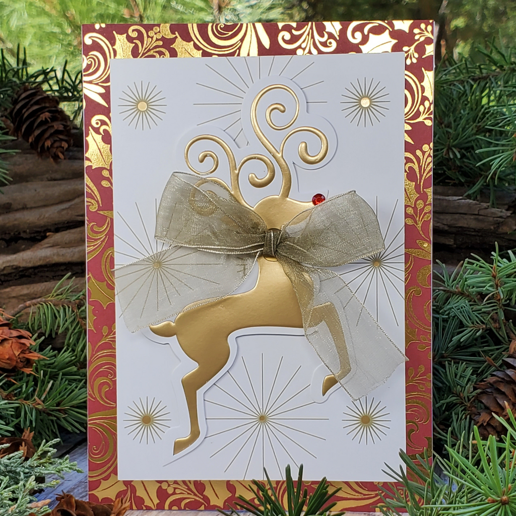 Luxury Handcrafted A7 Christmas Card – Elegant Gold Reindeer with Sheer Bow | Merry Christmas & Happy New Year Greeting Card