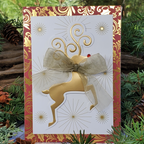 Luxury Handcrafted A7 Christmas Card – Elegant Gold Reindeer with Sheer Bow | Merry Christmas & Happy New Year Greeting Card