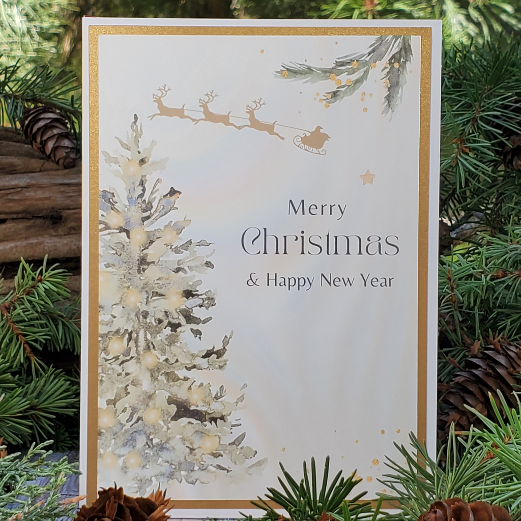Luxury Handcrafted A7 Christmas Card – Elegant Gold Reindeer with Sheer Bow | Merry Christmas & Happy New Year Greeting Card