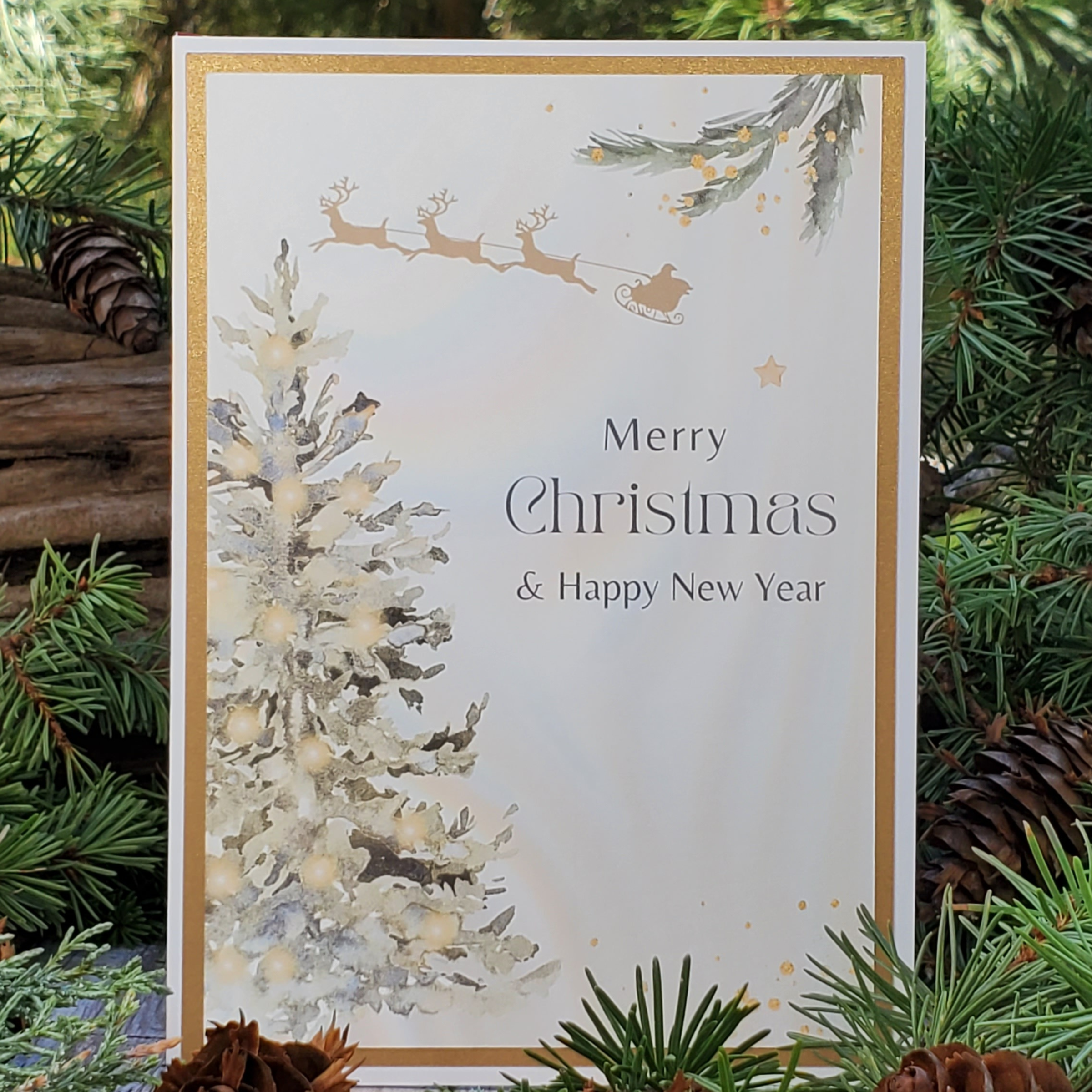 Luxury Handcrafted A7 Christmas Card – Elegant Gold Reindeer with Sheer Bow | Merry Christmas & Happy New Year Greeting Card