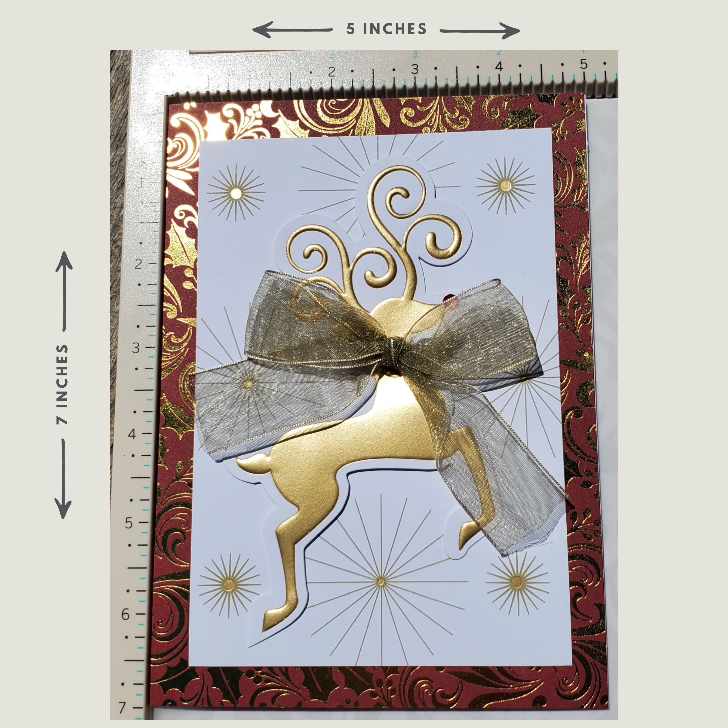 Luxury Handcrafted A7 Christmas Card – Elegant Gold Reindeer with Sheer Bow | Merry Christmas & Happy New Year Greeting Card
