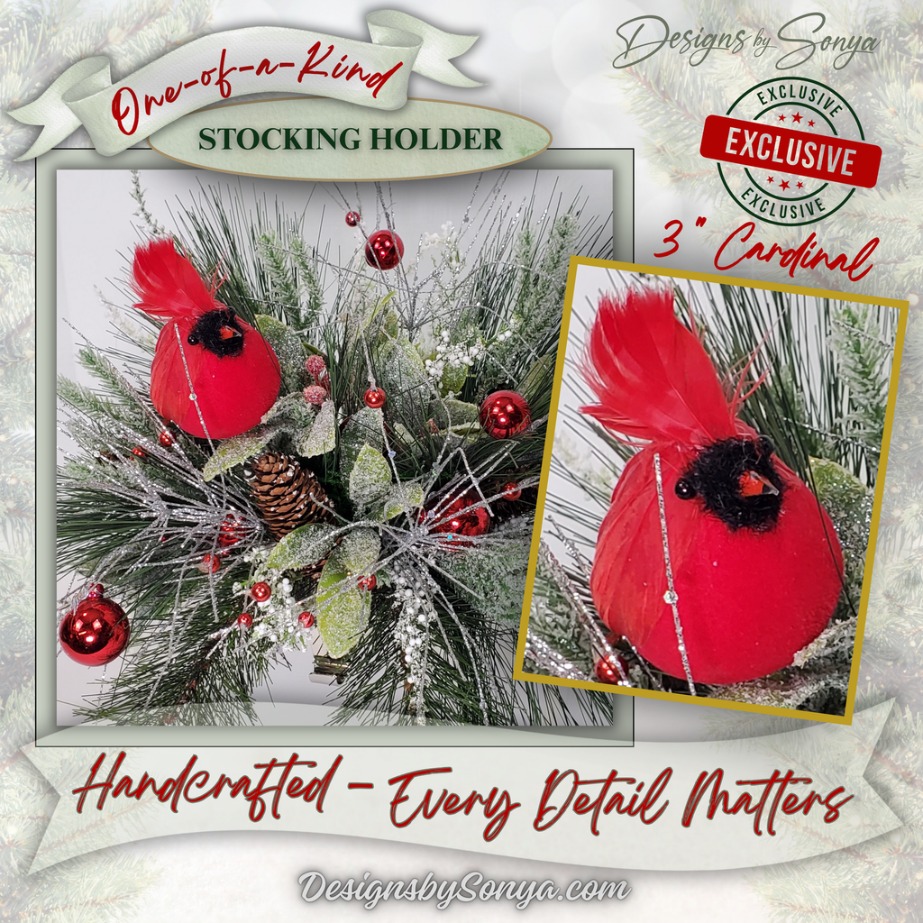 Handcrafted Cardinal Stocking Holder Closeup
Detailed closeup of handmade cardinal stocking holder. Features red cardinal as a symbol of a loved one remembered, surrounded by frosted greenery, pinecones, and ornaments.