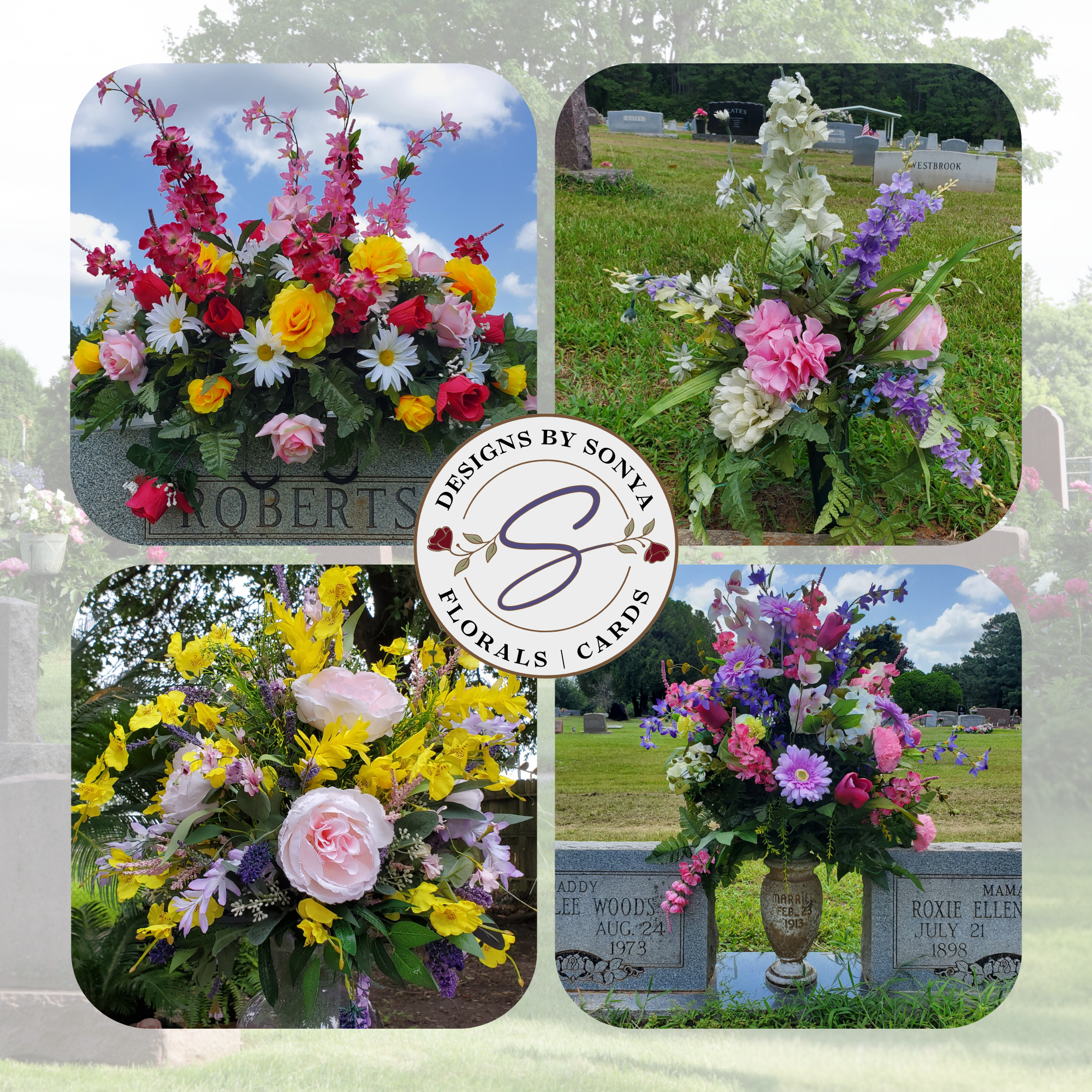 Pastel and Seasonal Custom Cemetery Vase Arrangements
Beautiful handcrafted silk cemetery vase arrangements in pastel and seasonal tones, featuring pink roses, lavender stock, white lilies, yellow daisies, and purple accents. Designed for durability and outdoor display at gravesites.