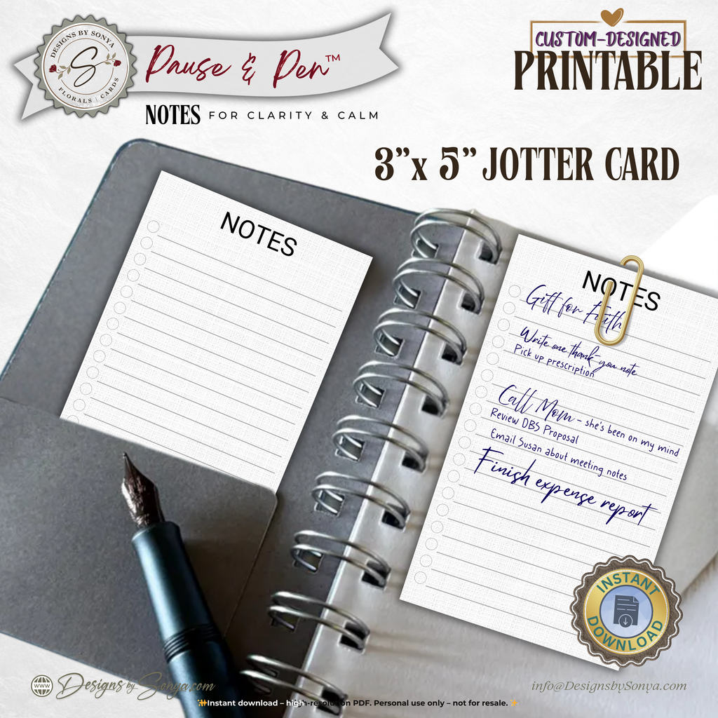 3x5 Jotter Note Card Printable – Minimal Notes & Checklist Card for Daily Focus – Pause & Pen™ Printable Pocket Stationery