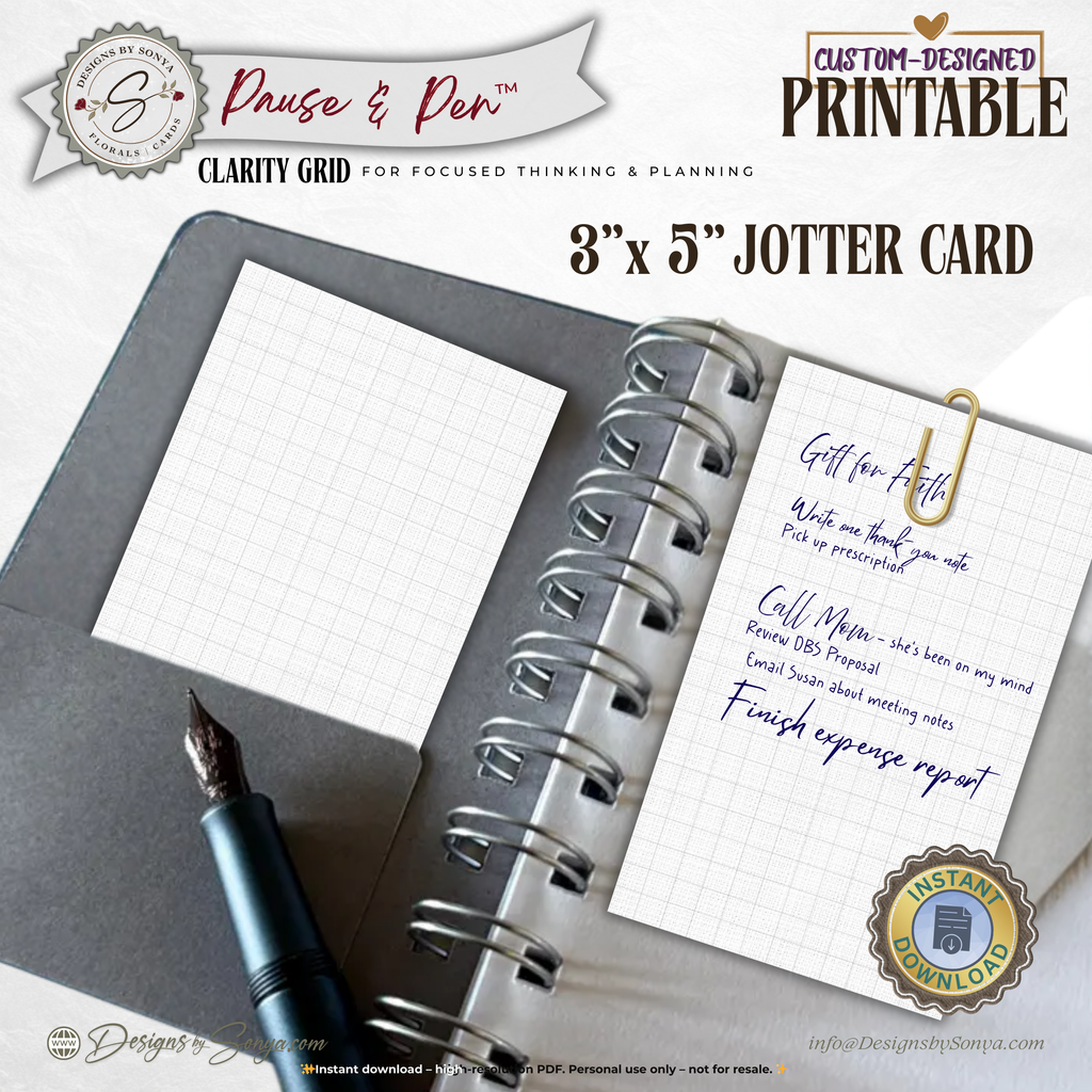3x5 Grid Jotter Card Printable – Minimal Graph Note Card for Planning & Sketching – Pause & Pen™ Printable Pocket Stationery