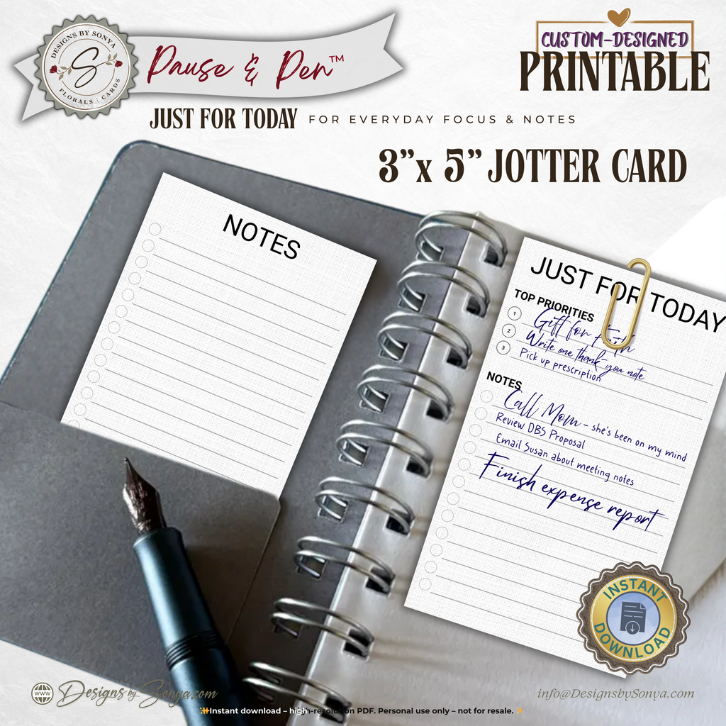 Just for Today Jotter Card Printable – 3x5 Daily Focus & Notes Card – Minimal Task List for Intentional Planning & Simple Living