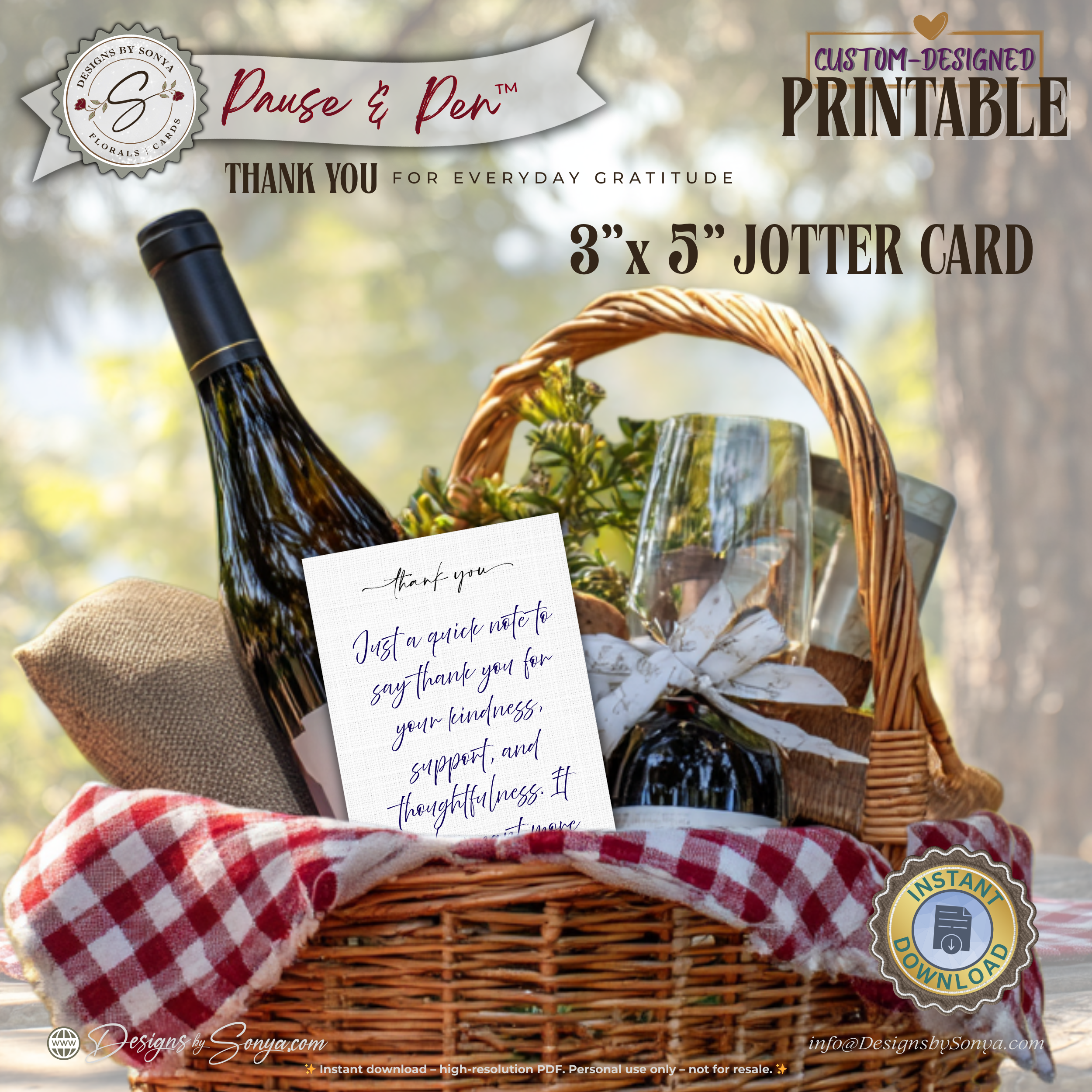 Thank You Jotter Card Printable Set of 3 – 3x5 Minimal Gratitude Note Cards – Pause & Pen™ Thank You Cards for Gifts & Baskets