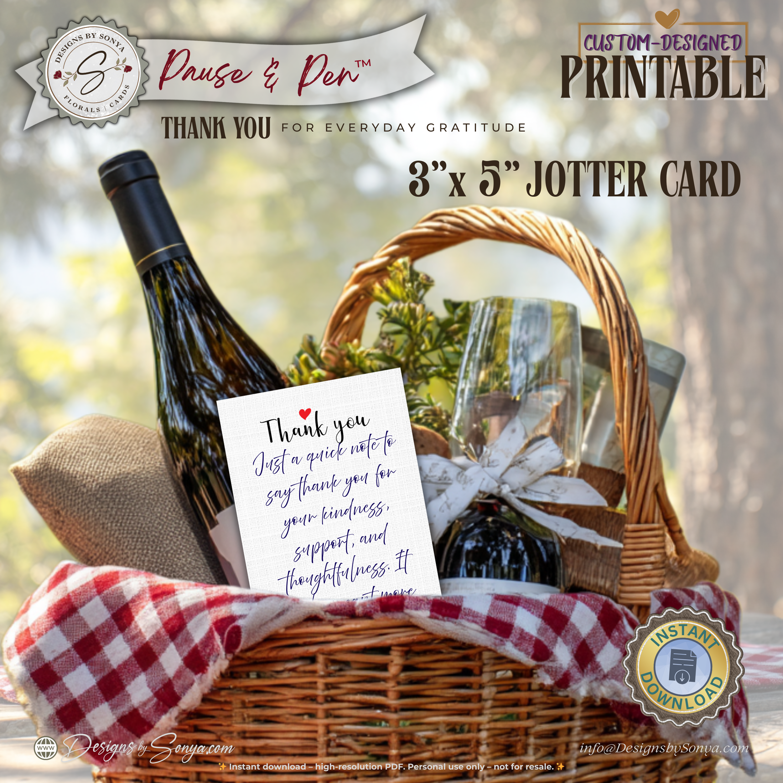 Thank You Jotter Card Printable – 3x5 Minimal Thank You Note with Red Heart – Pause & Pen™ Everyday Gratitude Card for Gifts