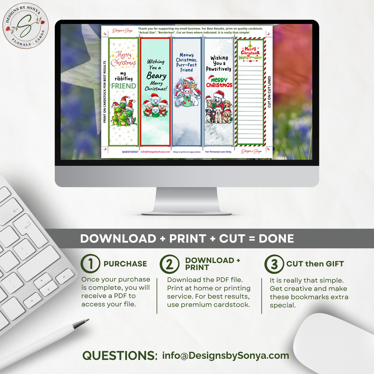 Printable Christmas Bookmarks | Set of 5 Holiday Animal Bookmarks | Classroom Gifts, Teacher Gifts & Stocking Stuffers | 2 x 7 PDF