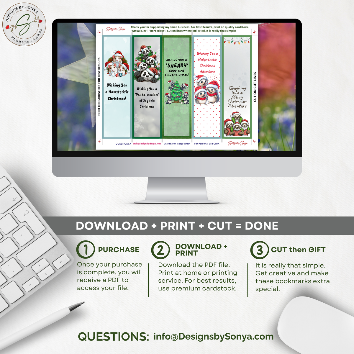 Printable Christmas Bookmarks | Set of 5 Cute Animal Holiday Bookmarks | Classroom Gifts, Teacher Gifts & Stocking Stuffers | 2 x 7 PDF