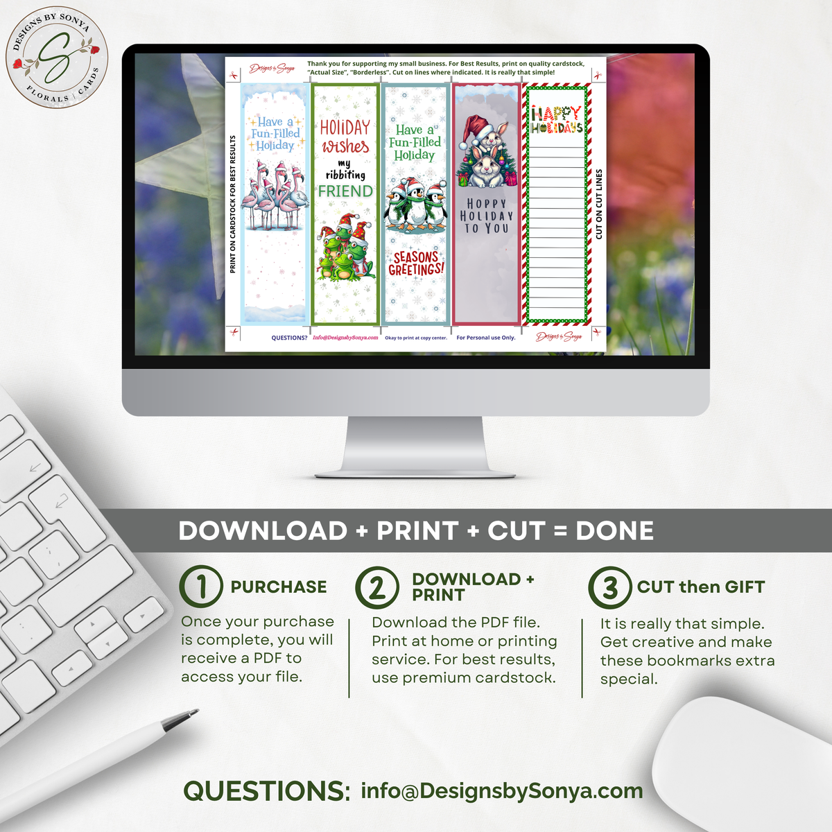 Printable Christmas Bookmarks | Set of 5 Holiday Animal Bookmarks | Flamingos, Frogs, Penguins & Bunnies | Classroom Gifts | 2 x 7 PDF
