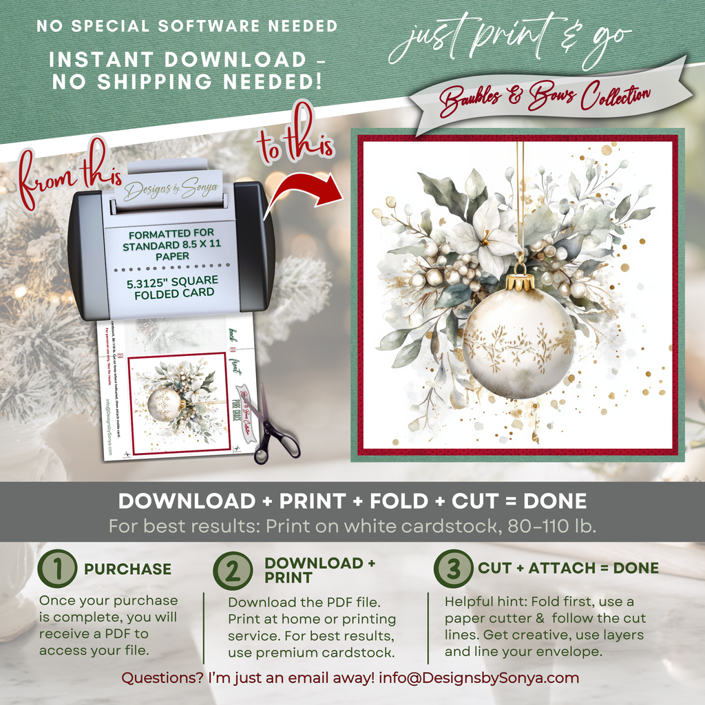 Ivory & Gold Ornament Watercolor Printable Christmas  5.5” Square Card – Elegant Holiday Greeting Note Card for Family and Friends