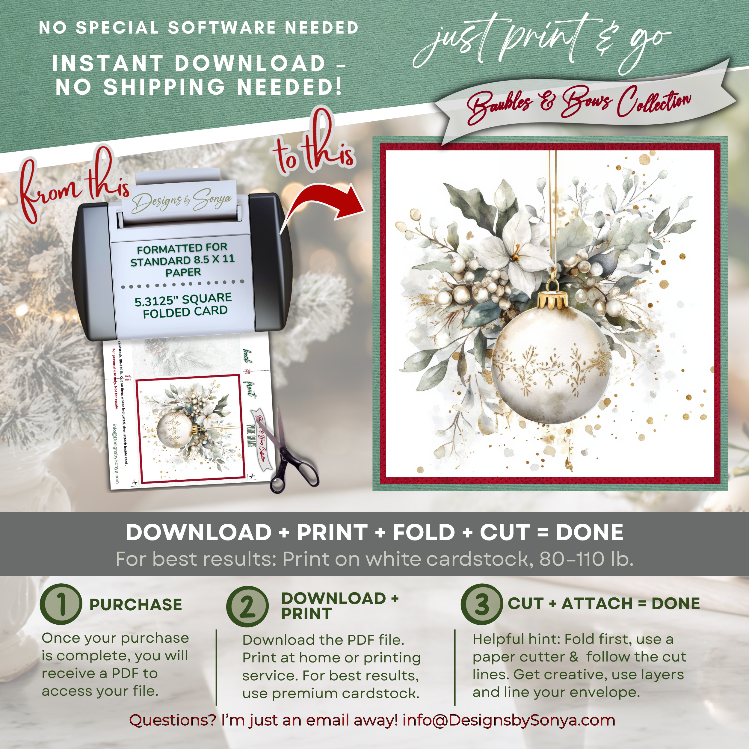 Ivory & Gold Ornament Watercolor Printable Christmas  5.5” Square Card – Elegant Holiday Greeting Note Card for Family and Friends