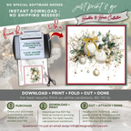 Printable Christmas Greeting Card | Gold & White Ornaments with Poinsettias | Elegant Watercolor Holiday Card