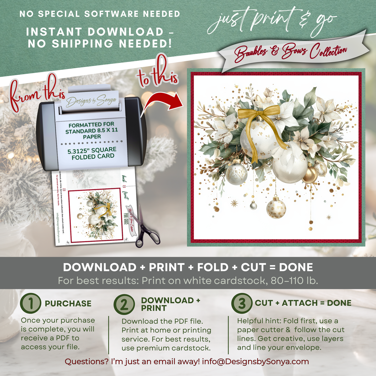 Printable Christmas Greeting Card | Gold & White Ornaments with Poinsettias | Elegant Watercolor Holiday Card