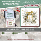 Elegant Printable Christmas Card | Gold Bow Ornament with Holly & Pinecones | Watercolor Holiday Card