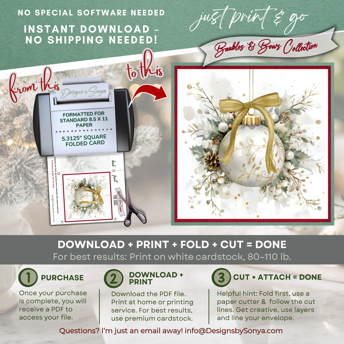 Elegant Printable Christmas Card | Gold Bow Ornament with Holly & Pinecones | Watercolor Holiday Card