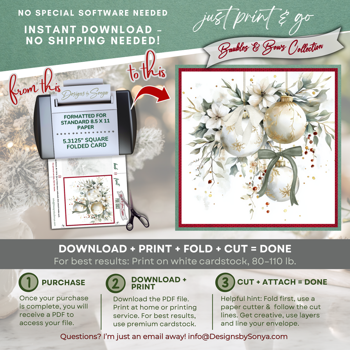 Elegant Printable Christmas Card | Watercolor Ornaments with Bows & Winter Florals | Holiday Greeting Card