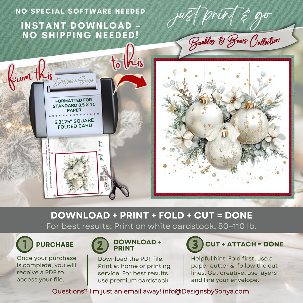 Elegant Christmas Card Printable | White & Gold Ornaments with Winter Florals | Square Holiday Card