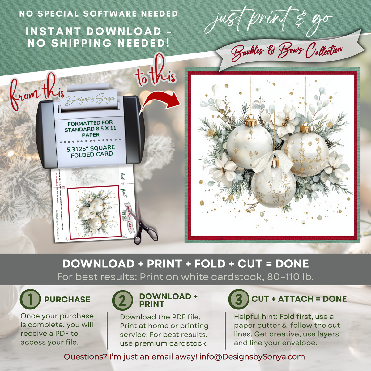 Elegant Christmas Card Printable | White & Gold Ornaments with Winter Florals | Square Holiday Card