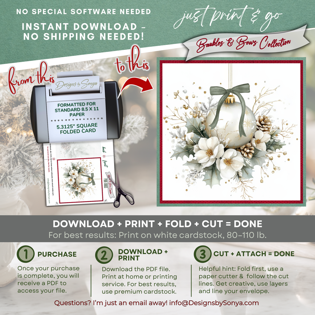 Ivory Ornament with Green Bow Watercolor Printable Christmas Card – Elegant Holiday Greeting Note Card for Family & Friends – 5.5” Square