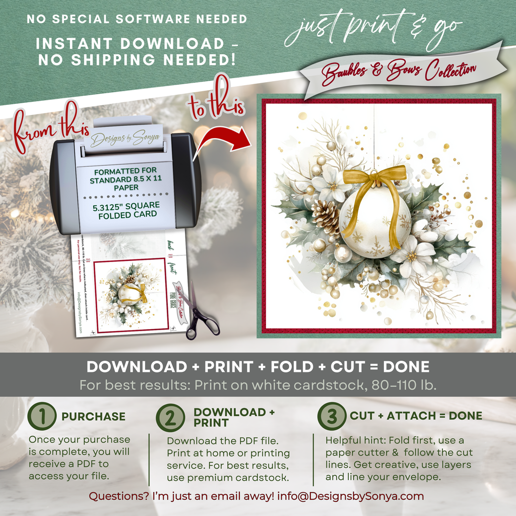 Printable Christmas Card | Gold Bow Ornament with Holly, Pinecones & Winter Florals | Elegant Holiday Card