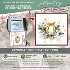 Printable Christmas Card | Gold Bow Ornament with Holly, Pinecones & Winter Florals | Elegant Holiday Card