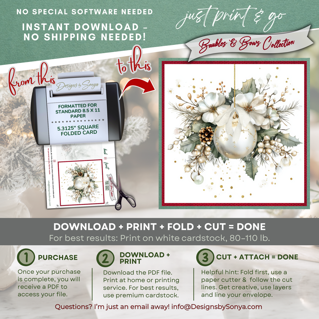 Printable Christmas Card | White Ornament with Poinsettias & Holly | Elegant Watercolor Holiday Card