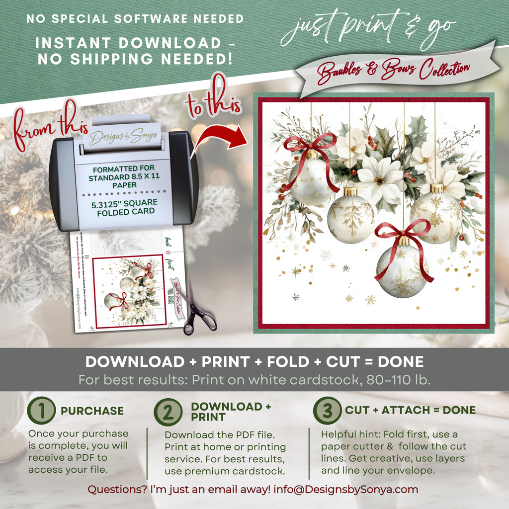 Printable Christmas Card | Red Bow Ornaments with Holly & Winter Florals | Elegant Holiday Card