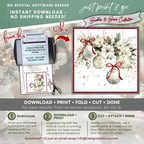 Printable Christmas Card | Red Bow Ornaments with Holly & Winter Florals | Elegant Holiday Card