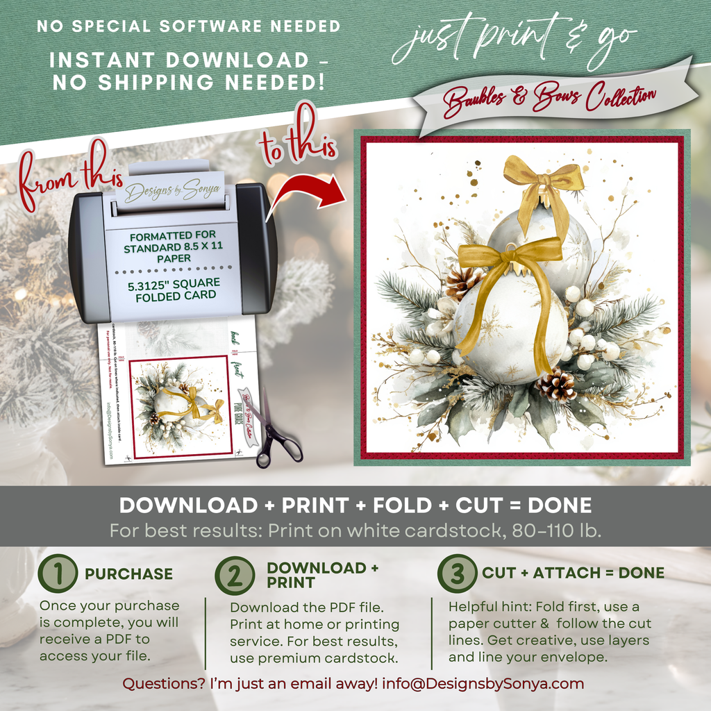 Watercolor Christmas Card Printable | Gold Ribbon Ornaments & Evergreen | Elegant Square Holiday Card