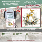 Watercolor Christmas Card Printable | Gold Ribbon Ornaments & Evergreen | Elegant Square Holiday Card