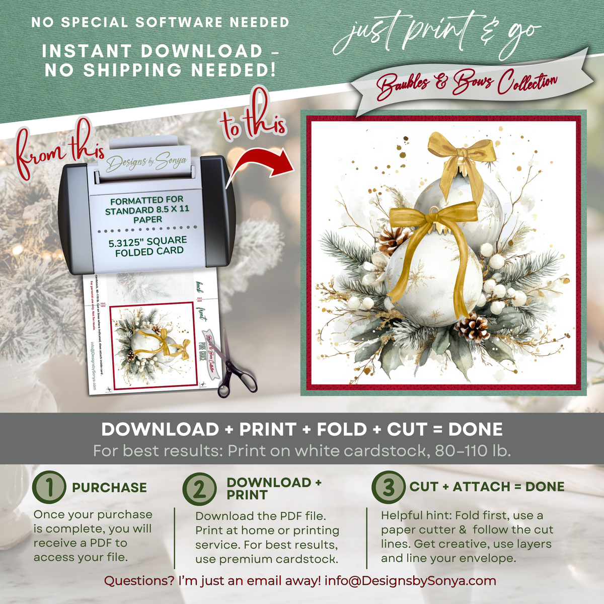 Watercolor Christmas Card Printable | Gold Ribbon Ornaments & Evergreen | Elegant Square Holiday Card