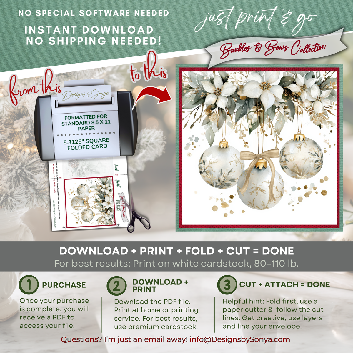 Watercolor Christmas Card Printable | White Ornaments & Winter Florals | Elegant Holiday Greeting Card