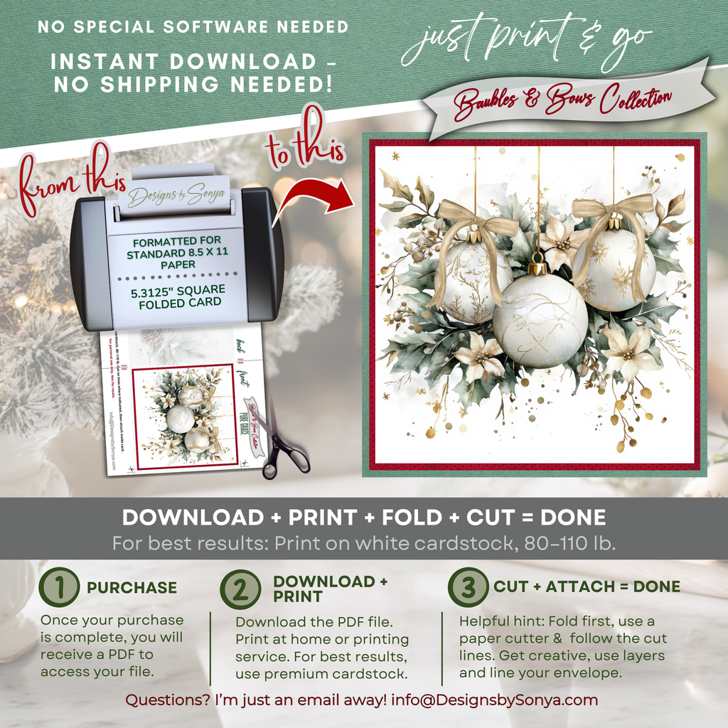 Printable Holiday Card | White & Gold Christmas Ornaments with Poinsettias | Elegant Square Card