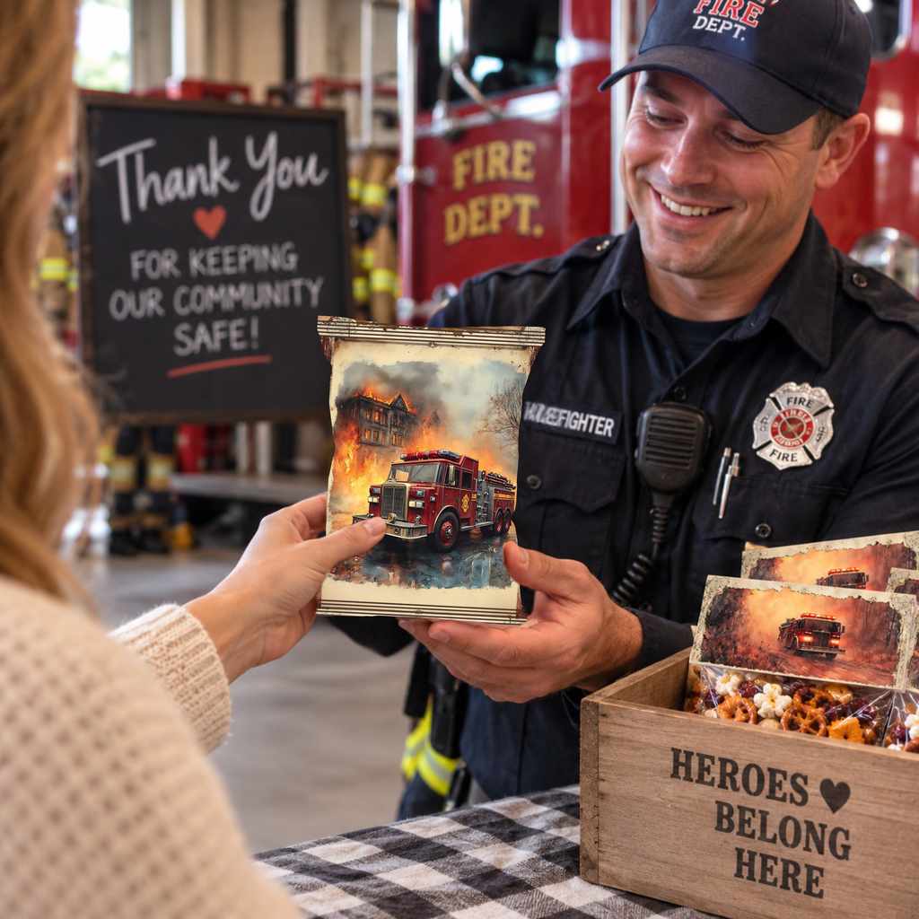 Firefighter Appreciation Hidden Treasures Wrapper | Fire Engine Printable Chip Bag | Fire Department Thank You Gift