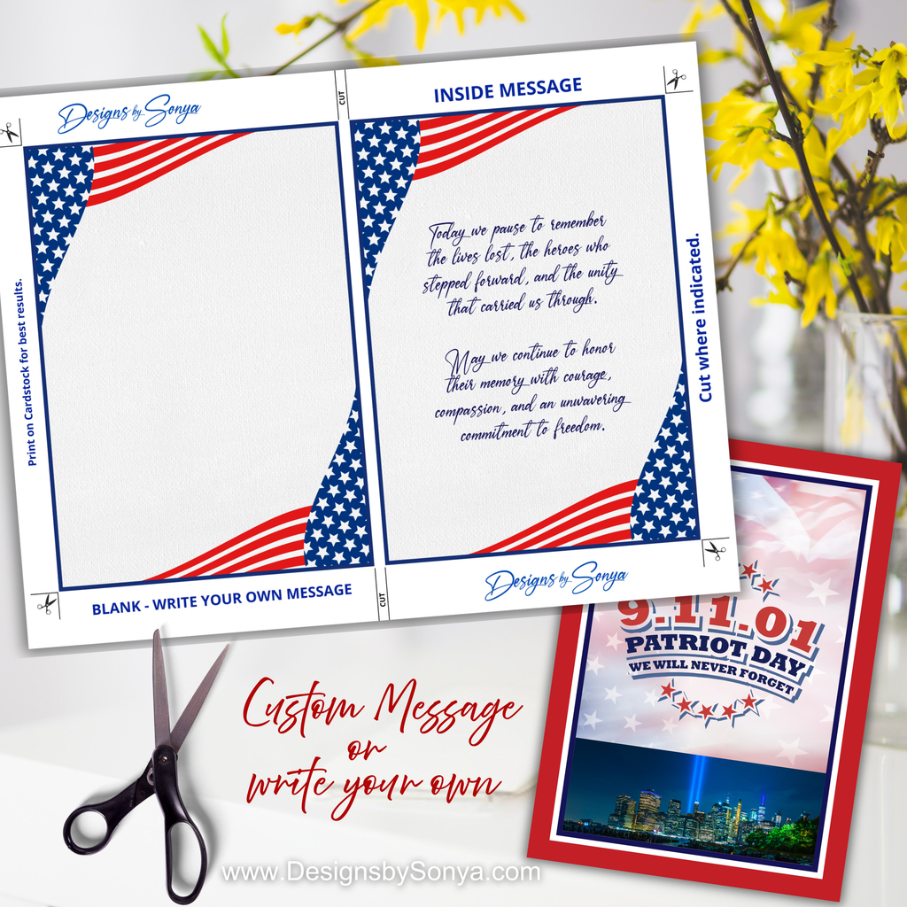 9/11 Patriot Day Printable Card, We Will Never Forget, 5x7 Digital Memorial Tribute, Instant Download September 11 Remembrance Card
