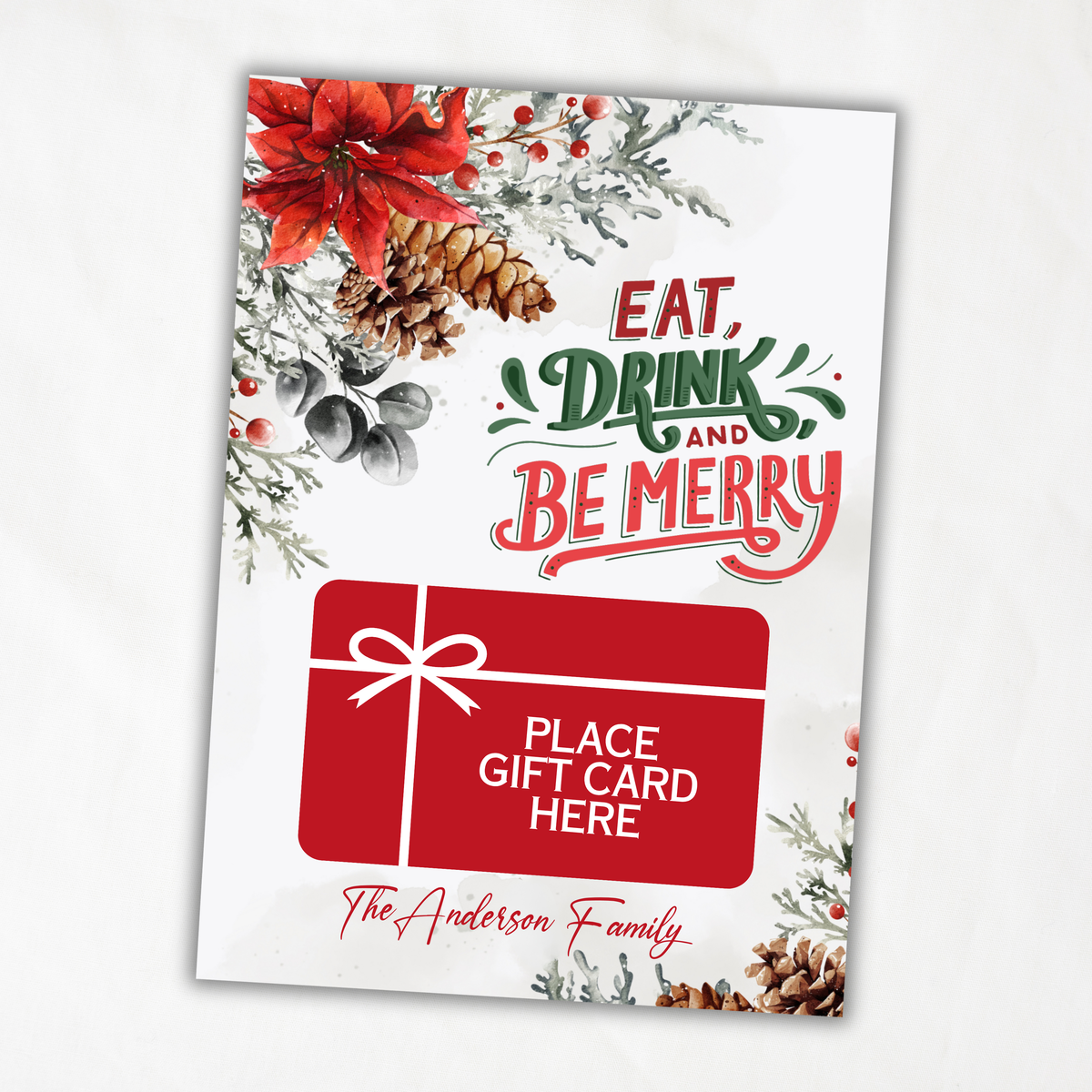 Printable Christmas Gift Card Holder | Eat, Drink & Be Merry 5x7 | Instant Download + Matching Envelope | Festive Corporate & Family Giving