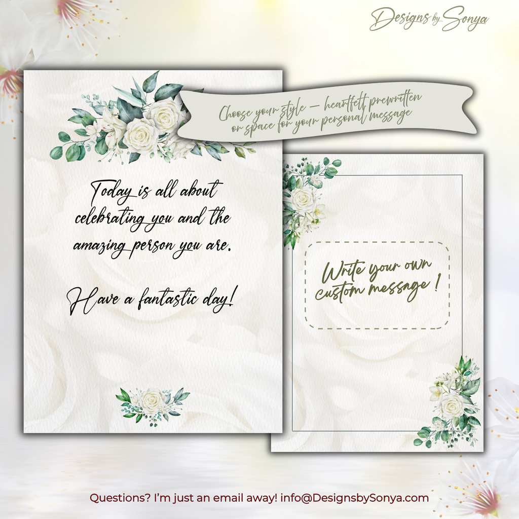 Insert Options: Message or Blank
Side-by-side view of the prewritten sentiment insert and a blank insert so buyers can choose a script greeting or handwrite a custom message.