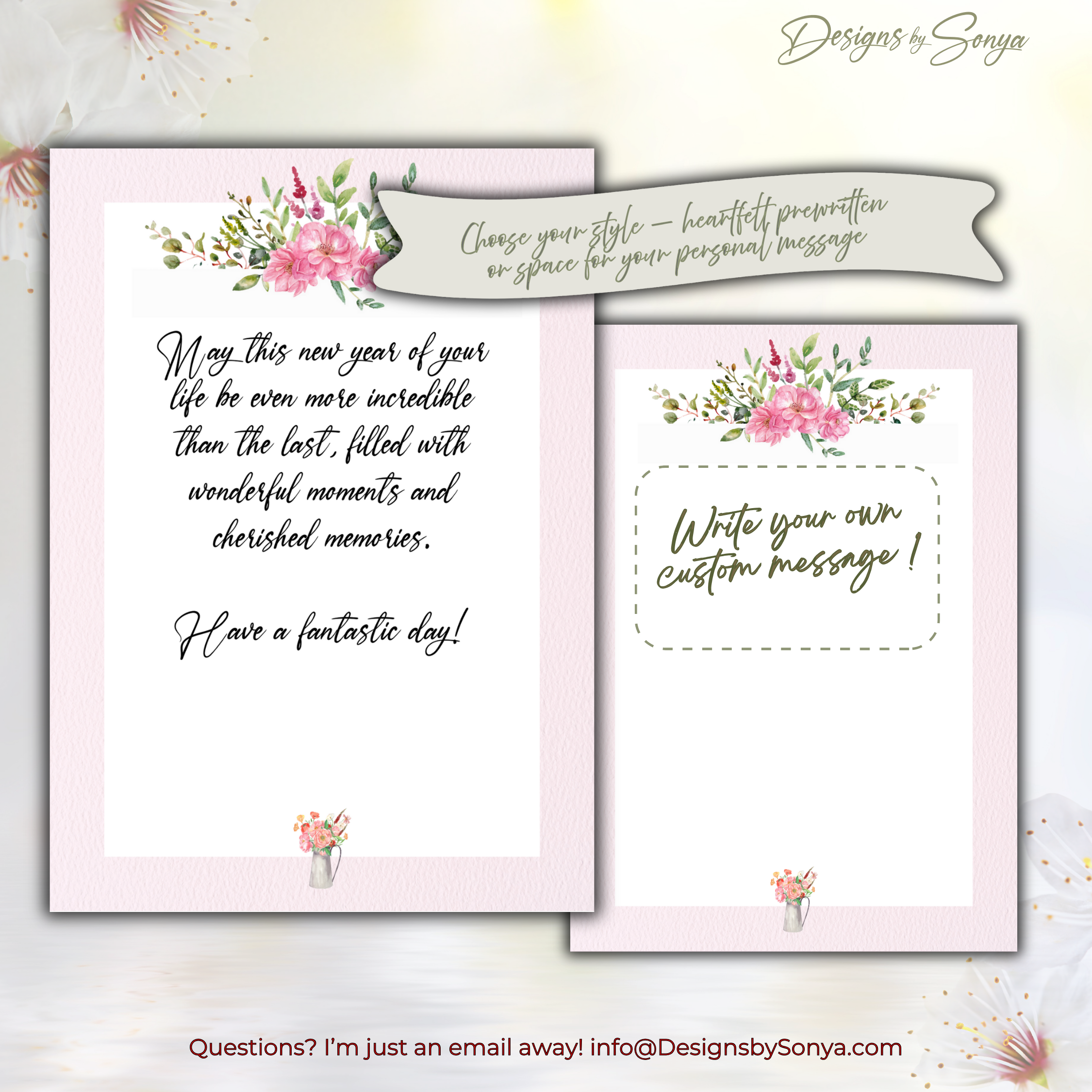 Insert Options: Message or Blank
Side-by-side view of the prewritten insert and a blank insert so customers can choose a scripted message or write a personal note.
