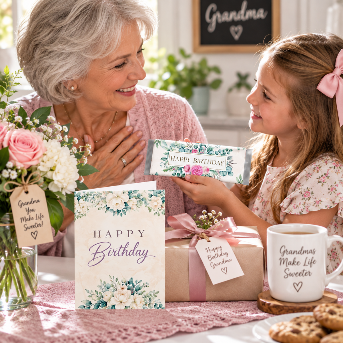 Printable Happy Birthday Candy Bar Wrapper, Pink Rose & Eucalyptus Floral 1.55 oz Chocolate Bar Wrap, Birthday Gift for Her