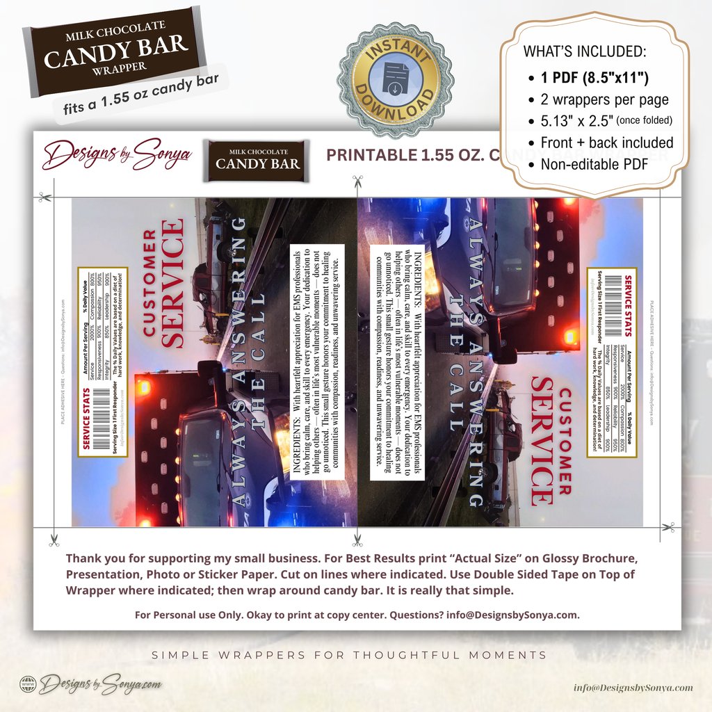 EMS Candy Bar Wrapper Printable – Always Answering the Call – EMT Thank You Favor – Emergency Medical Appreciation Gift – 1.55 oz Chocolate Bar