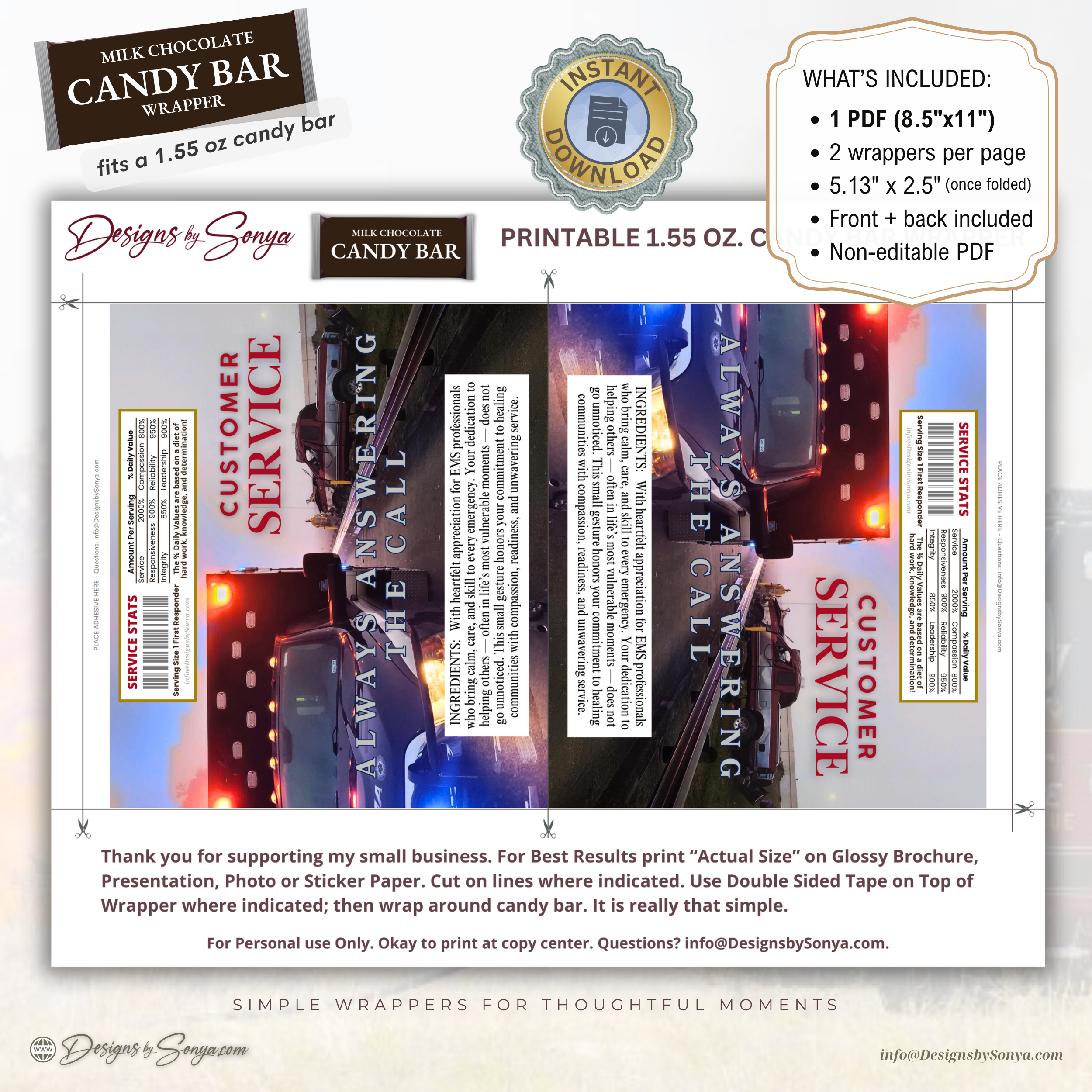 EMS Candy Bar Wrapper Printable – Always Answering the Call – EMT Thank You Favor – Emergency Medical Appreciation Gift – 1.55 oz Chocolate Bar