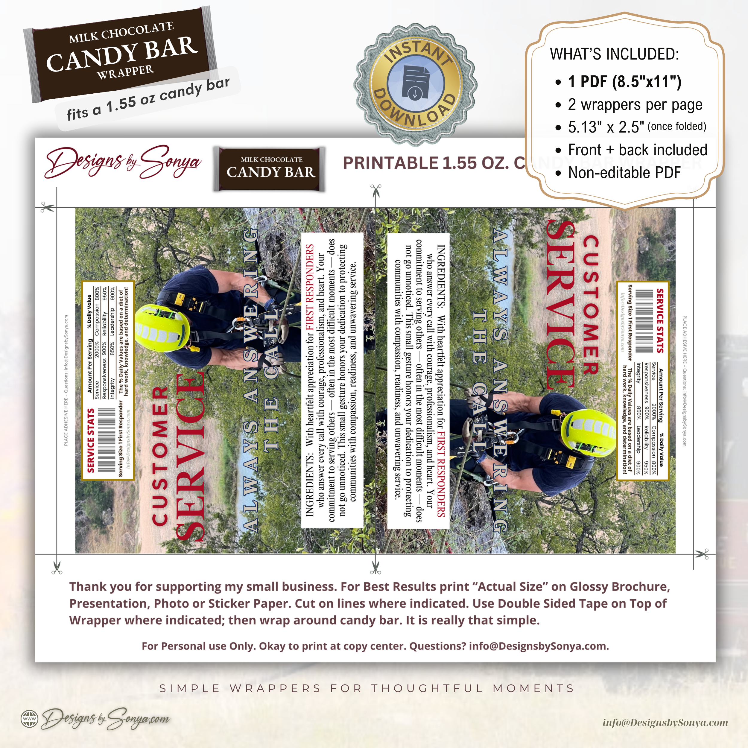 Honor the Heroes First Responder Candy Bar Wrapper Printable – Customer Service Always Answering the Call – Thank You Gift Favor – 1.55 oz Chocolate Bar