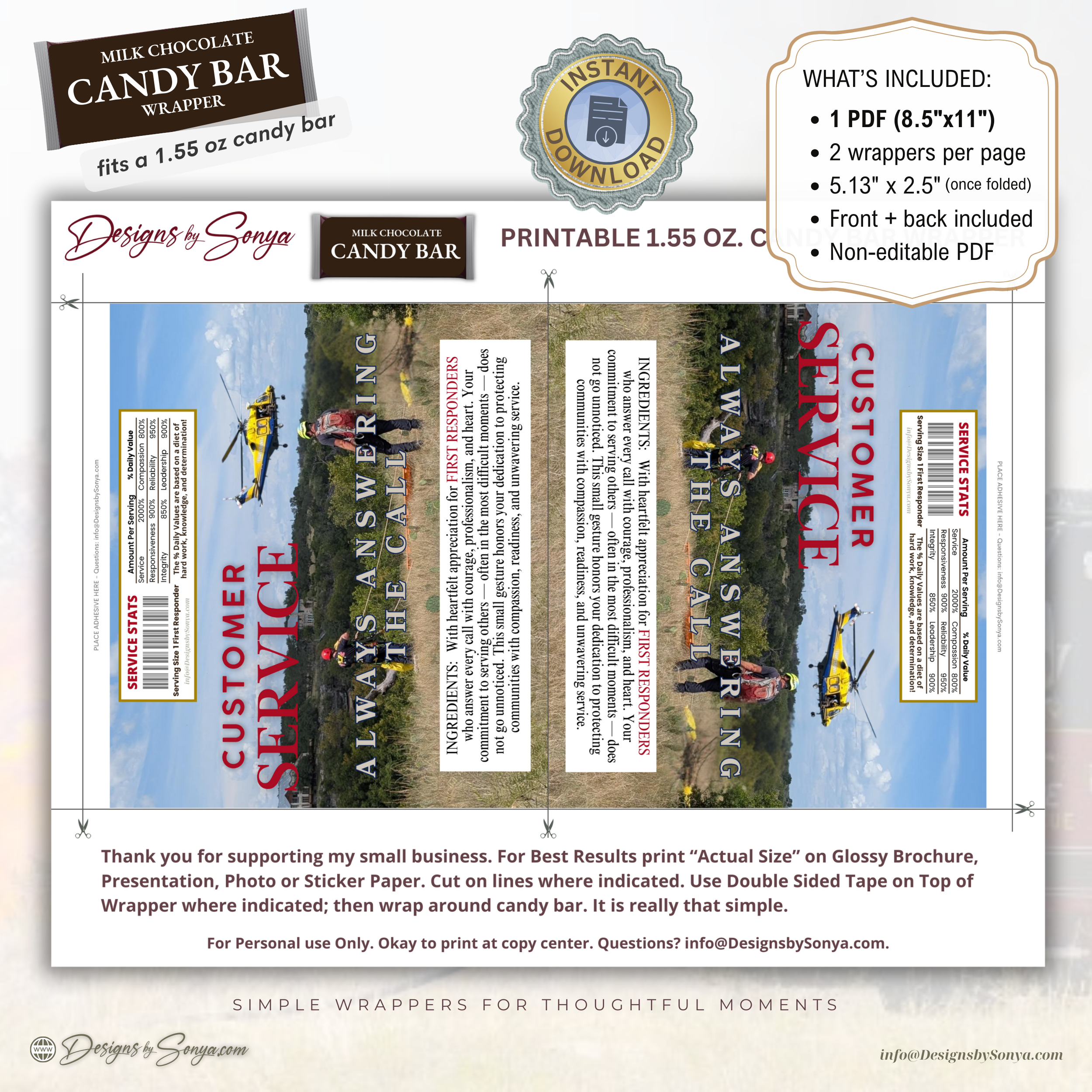 Honor the Heroes First Responder Candy Bar Wrapper Printable – Customer Service Always Answering the Call – Thank You Gift Favor – 1.55 oz Chocolate Bar