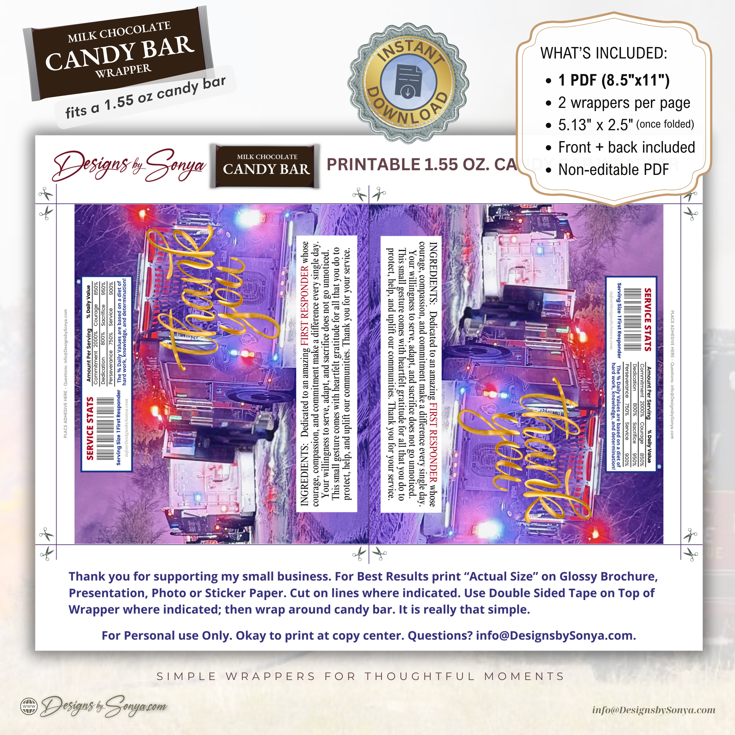 First Responder Candy Bar Wrapper Printable – Thank You Firefighter EMT Gift – Honor the Heroes Chocolate Wrapper – Fits 1.55 oz Candy Bar - Instant Download