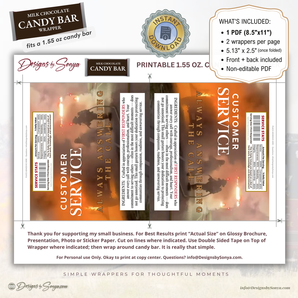 Customer Service First Responder Candy Bar Wrapper Printable – Honor the Heroes Thank You Gift – Firefighter EMS Police Appreciation - 1.55oz Chocolate Bar