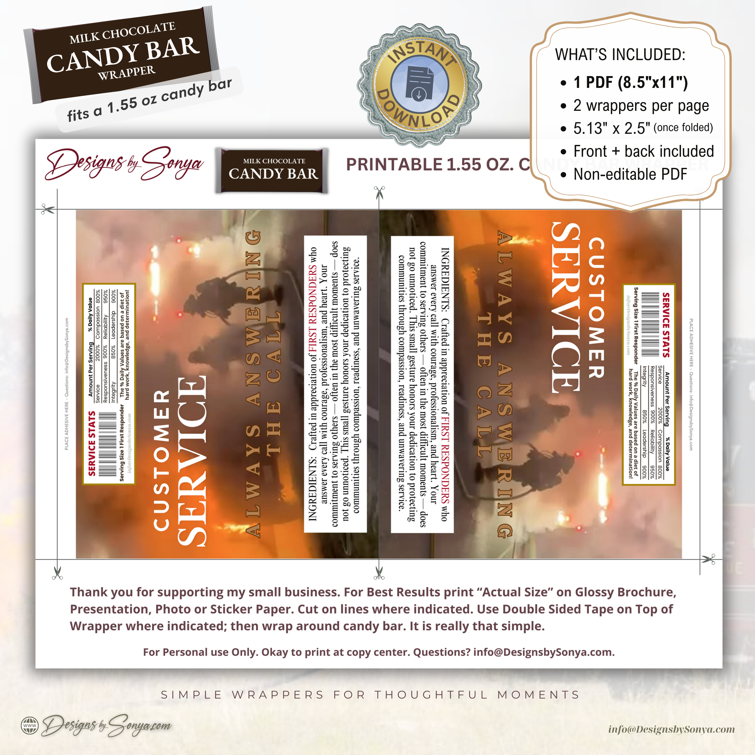 Customer Service First Responder Candy Bar Wrapper Printable – Honor the Heroes Thank You Gift – Firefighter EMS Police Appreciation - 1.55oz Chocolate Bar