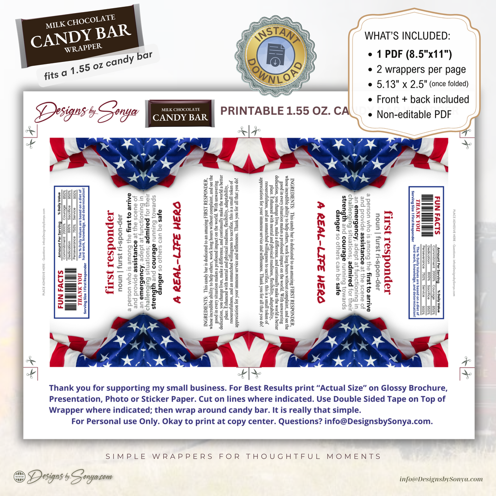 First Responder Candy Bar Wrapper Printable Thank You Gift – 1.55 oz Chocolate Wrapper, Appreciation Favor, Instant Download