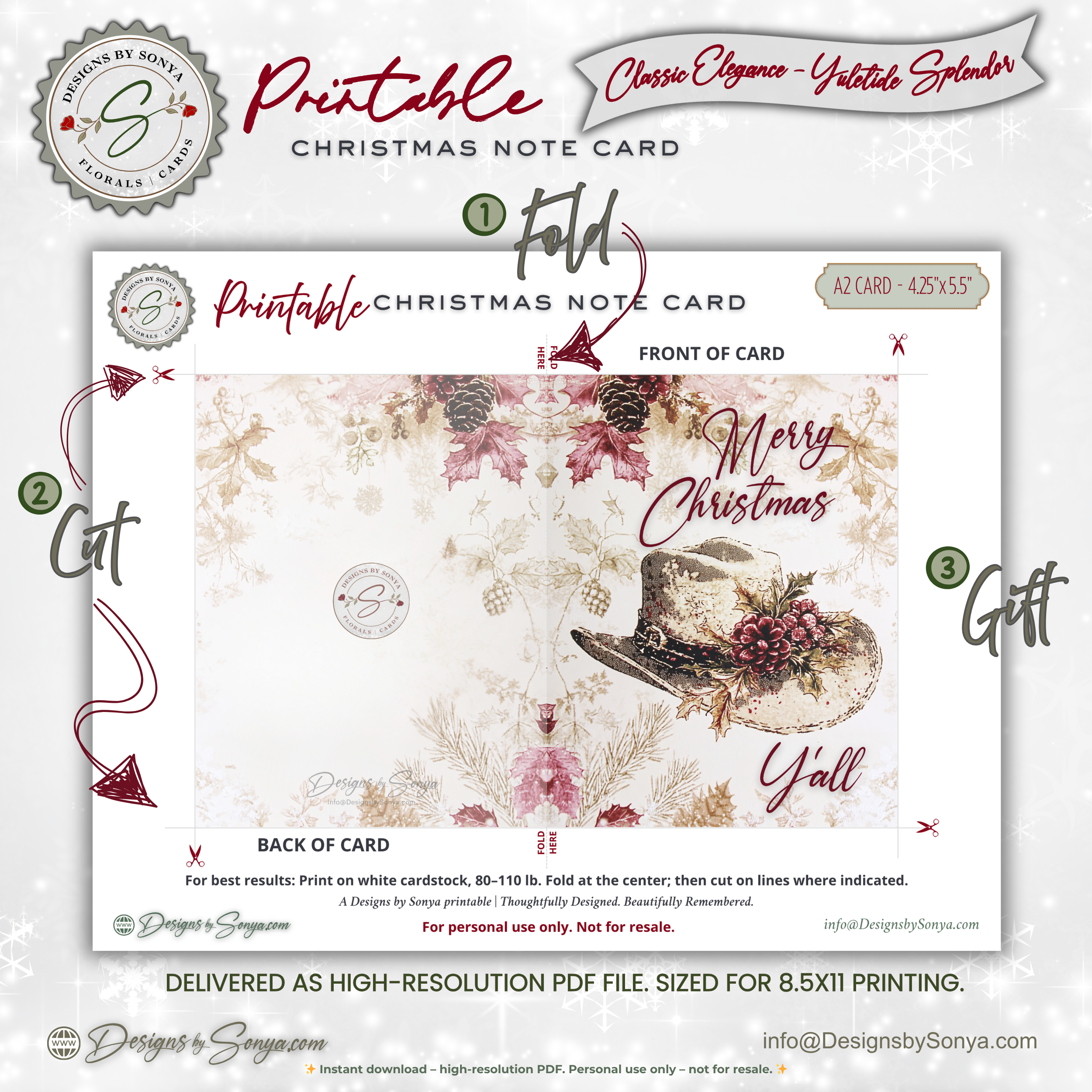 Merry Christmas Y’all Card | Vintage Cowboy Hat Printable | Rustic Holiday Greeting | A2 (4.25"x5.5")  Folded Note Card | Instant Digital Download